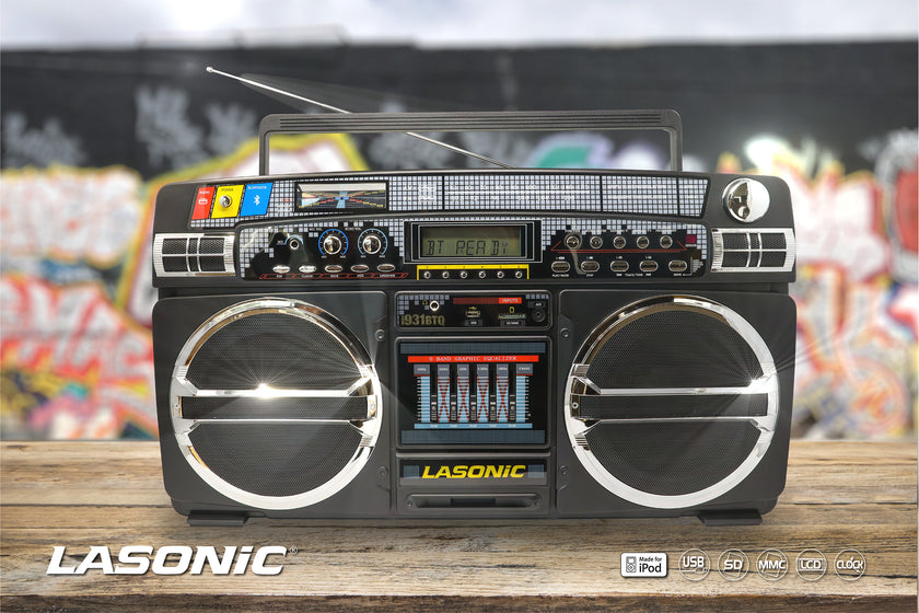 Lasonic Bluetooth Boombox Classic 80s Style Ghetto Blaster I-931BT (Black)