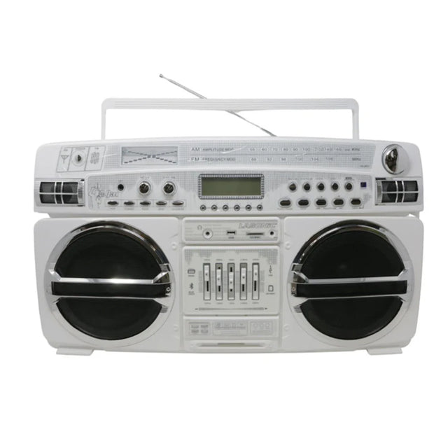 Lasonic I-931BT white retro portable boombox stereo system with a handle, featuring twin large black speakers, multiple buttons, a digital display, cassette player, and antenna.