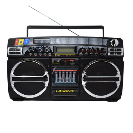 Lasonic 80s Style Ghetto Blaster I-931 in various control buttons, dials, and cassette decks. An antenna extends from the back