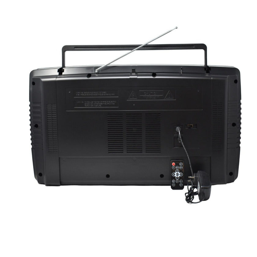 Back view of a black portable boombox with an extended antenna and a carrying handle.