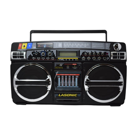 Lasonic I-931BT bluetooth boombox black while the front showcases multiple colorful labels and a digital display
